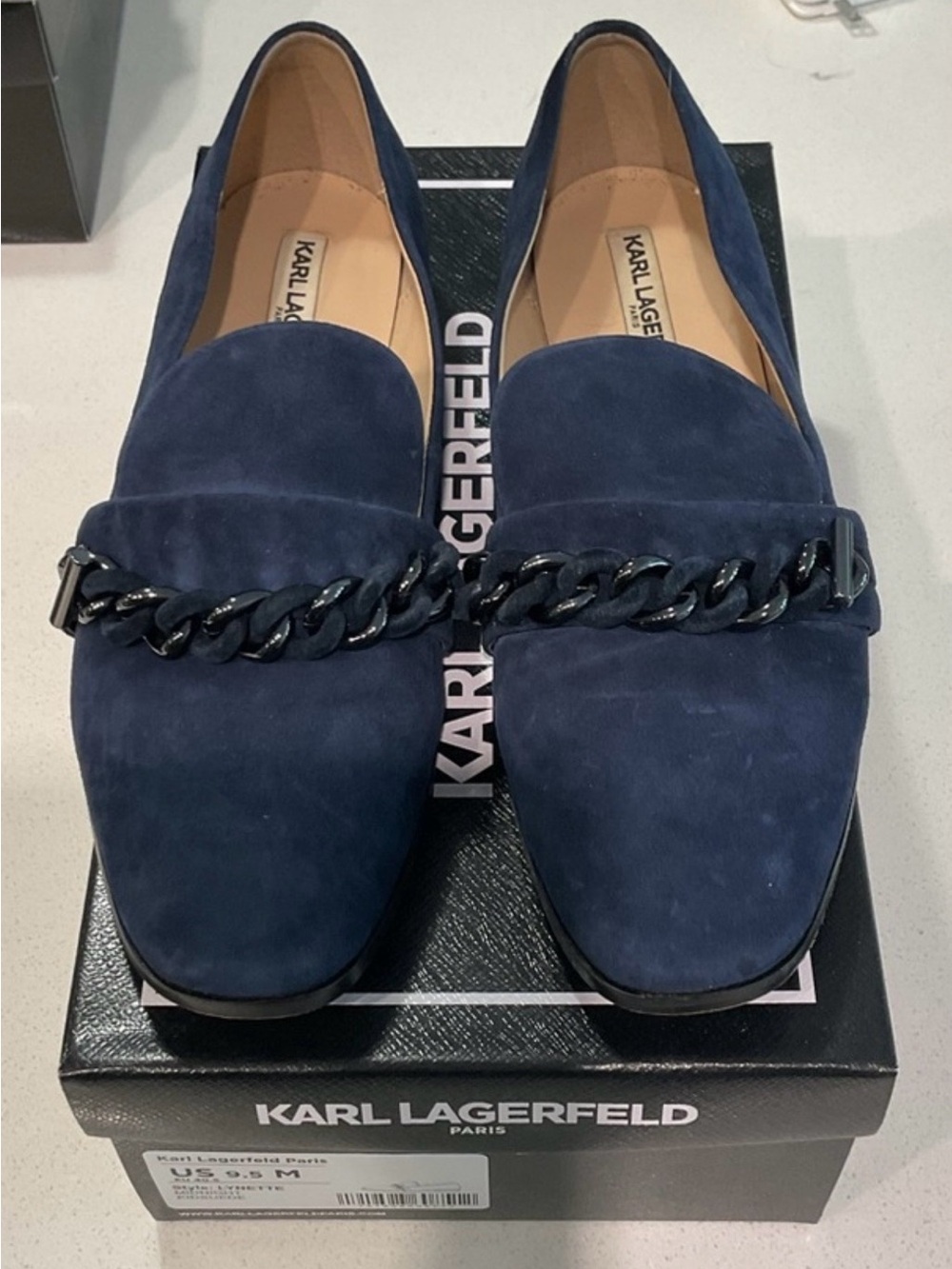 Karl Lagerfeld Women's Navy Suede Chain Loafers